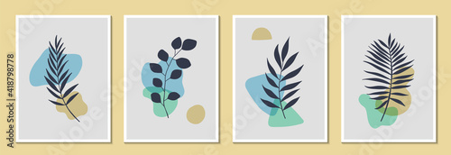 Floral wall art vector set. Plant branches and abstract shapes. Modern design, poster or postcard template. Botanical design. Vector illustration.