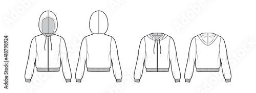 Set of Zip-up Hoody sweatshirt technical fashion illustration with long sleeves  relax body  knit rib cuff  banded. Flat apparel template front  back  white color. Women  men  unisex CAD mockup