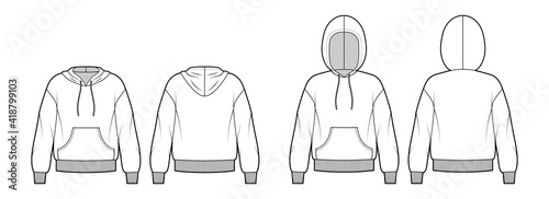 Set of Hoody sweatshirt technical fashion illustration with elbow sleeves, relax body, kangaroo pouch, knit rib cuff, banded hem. Flat template front, back, white color. Women, men, unisex CAD