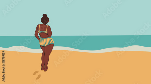 Happy plus size african girl on a beach, she looks on the sea. Body positive concept. Attractive overweight black woman. Concept For Fat acceptance movement no fatphobia.Vector summertime illustration