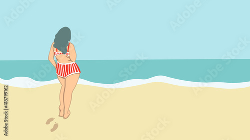 Happy plus size girl on a beach, she looks on the sea. Body positive concept. Attractive overweight woman. Concept For Fat acceptance movement no fatphobia. Vector summer time illustration