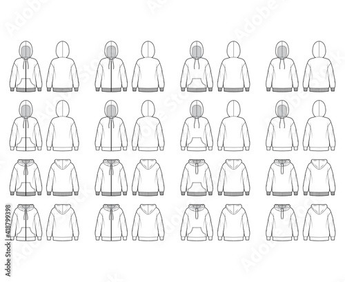 Set of Zip-up Hoody sweatshirt technical fashion illustration with long sleeves, oversized body, kangaroo pouch, knit cuff, banded hem. Flat template front, back, white color. Women, men, unisex CAD