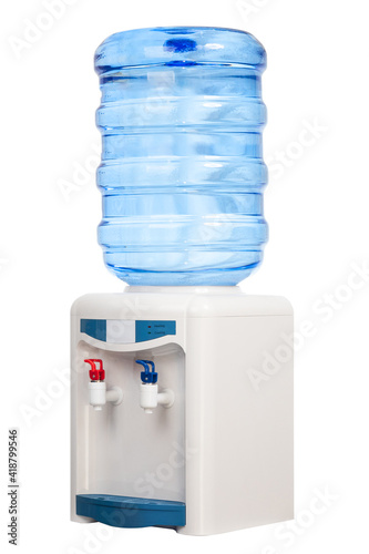 complete photo of electric purified water dispenser with hot and cold water on a white background