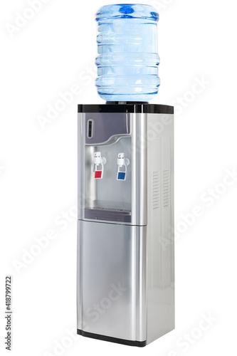 complete photo of silver electric purified water dispenser with hot and cold water with refrigerator included on a white background