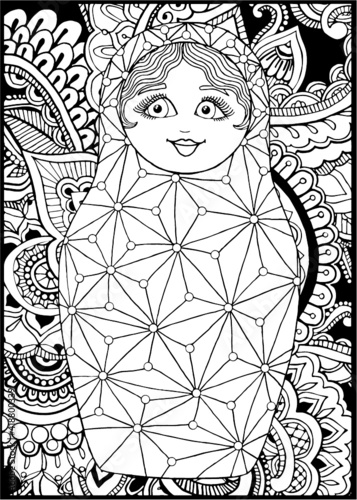 black and white russian matreshka doll coloring page, postcard, illustration