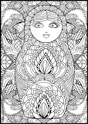 black and white russian matreshka doll coloring page, postcard, illustration