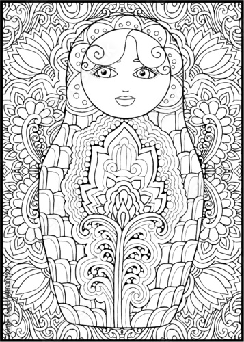 black and white russian matreshka doll coloring page, postcard, illustration