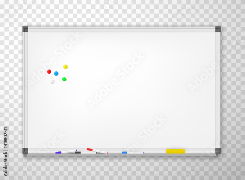 Whiteboard on wall with markers, sponge, colored round magnets in realistic style. Flipchart.