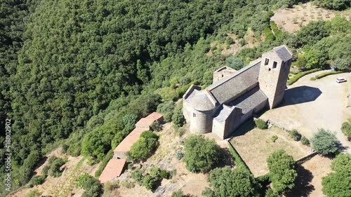 View from drone of medieval Serrabone Priory, former monastery, commune of Boule-d'Amont, Pyrenees-Orientales, France photo