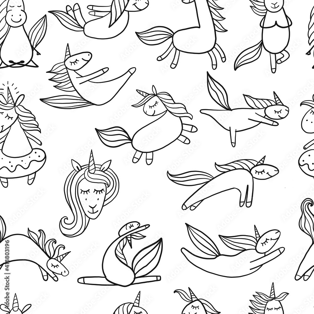 Funny Unicorns doing yoga. Seamless Pattern for your design