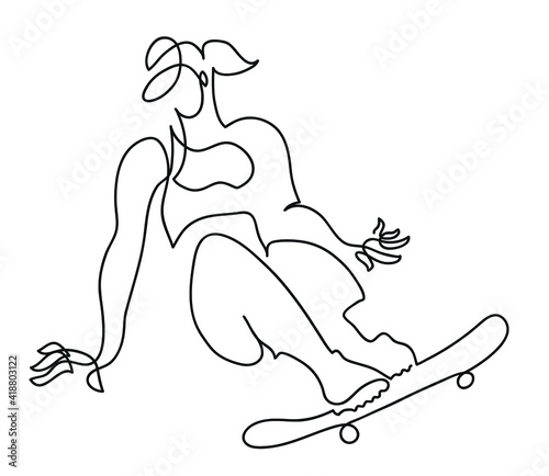 One line drawing of skater woman.
One continuous line drawing of woman riding her longboard.