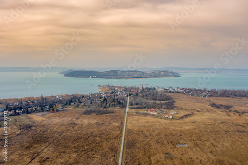 Hungary - Lake Balaton with Tihany peninsula from drone view