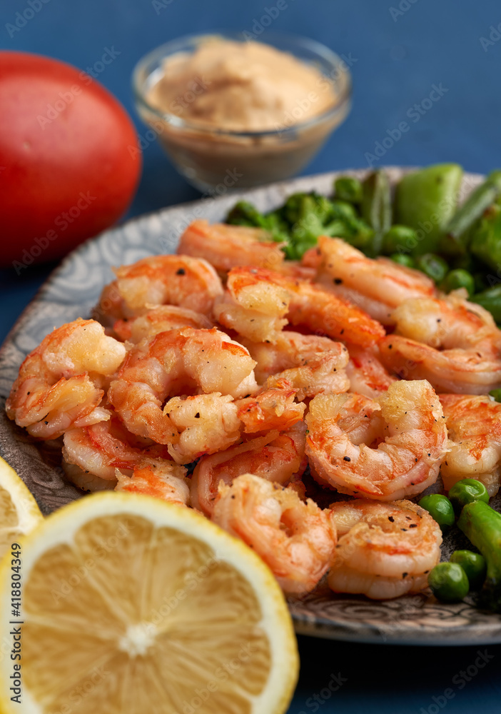 Red prawns prepared at wok Red prawns prepared at wok