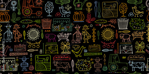 Organic Farm Seamless Pattern Background For your Design. Harvest Festival. Agriculture collection. Organic farming eco concept. Fresh products, locally grown and organic food. Farmer's Market