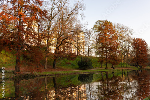 autumn foliage at sunset with reflections on water in park