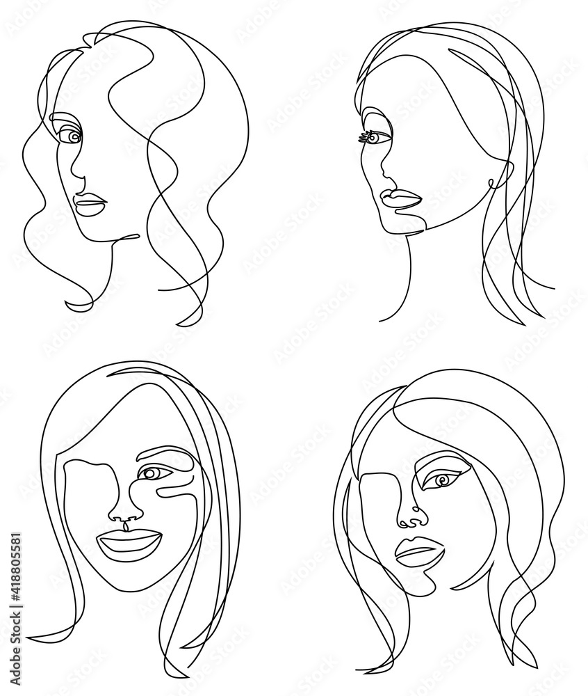 Collection. Silhouettes of the girl's head. Woman face in modern one line style. Continuous line drawing, aesthetic outline for decor, posters, stickers, logo. Vector illustration set.