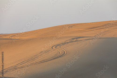 Fototapeta Naklejka Na Ścianę i Meble -  Tire tracks on sand dunes in the desert of Oman.