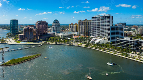 Downtown West Palm Beach Aerial Photograph from the water with blue sky in background