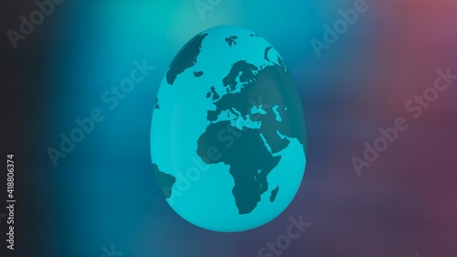 Planet earth in the shape of an Easter egg. Spring holiday concept. 3D rendering