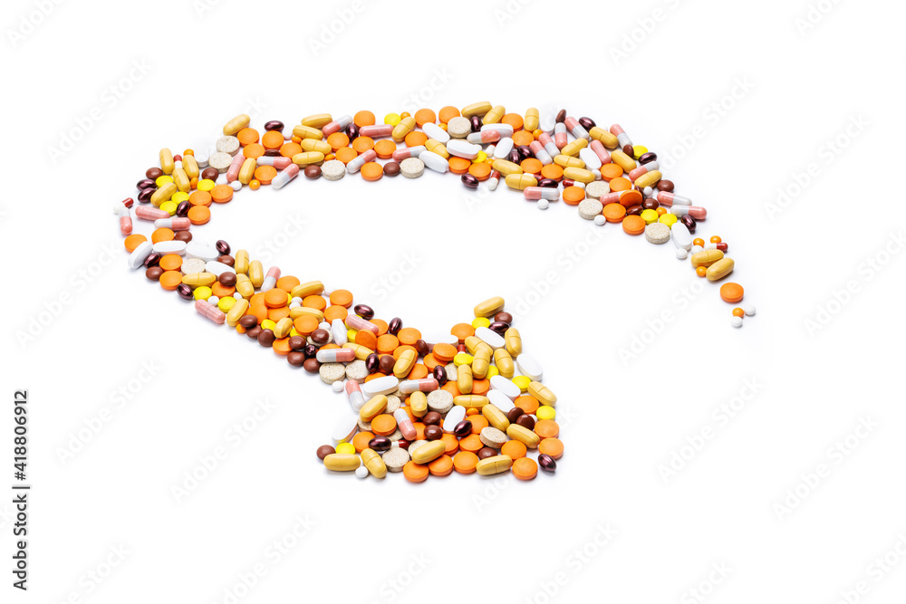 drugs arrow symbol isolated on white background. pill point sign cut out drugs arrow symbol isolated on white background. pill point sign cut out