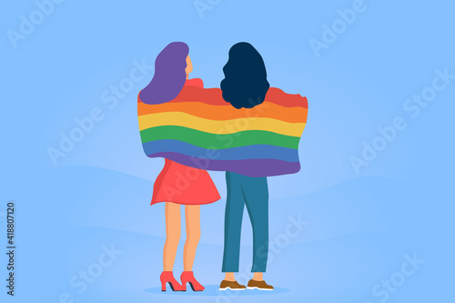 Two lesbians covered with rainbow colored LGBT flag on blue abstract background. Copy space for design or text. Flat vector illustration