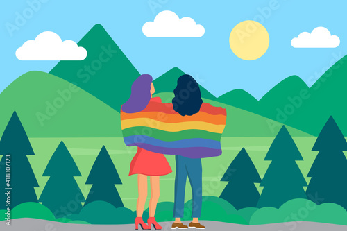 Two lesbians in nature covered with the rainbow colored flag. LGBT and homosexuality concept flat vector illustration