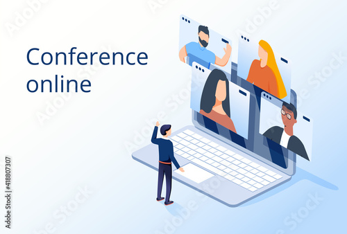 Conference meeting online concept. Live meeting on laptop. Video meeting online.Video conference landing. Conference