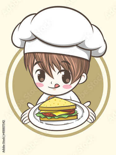 cute chef boy holding a sandwich. fast food logo illustration concept.