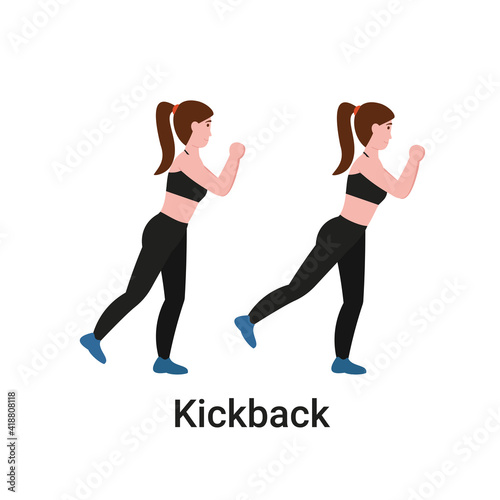 Booty or glutes workout. Standing kickback exercise. Stay home and do sport. Flat vector cartoon modern illustration.