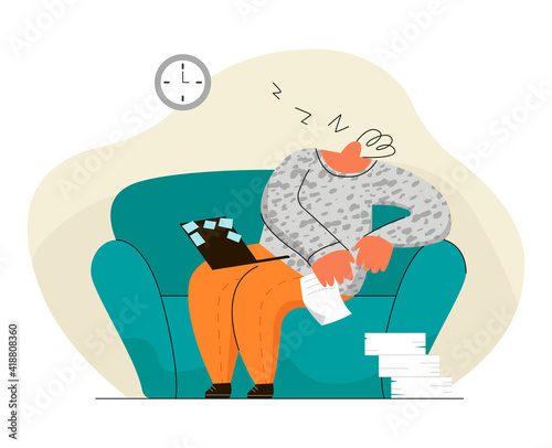 Vector flat illustration with man, employee at remote job, home, who fell asleep from fatigue. Concept of procrastination, laziness, reduced motivation, and work overload.