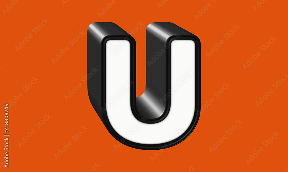 Alphabet letter U, black and white with glossy plastic texture, bold typeface, 3D rendering, textured uppercase abc, creative font design for poster, banner, promotion Alphabet letter U, black and white with glossy plastic texture, bold typeface, 3D rendering, textured uppercase abc, creative font design for poster, banner, promotion