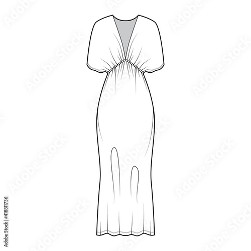 Kaftan dress technical fashion illustration with deep V-neck, batwing sleeves, oversized, midi floor length, pencil cut. Flat apparel template front, white color style. Women, men unisex CAD mockup