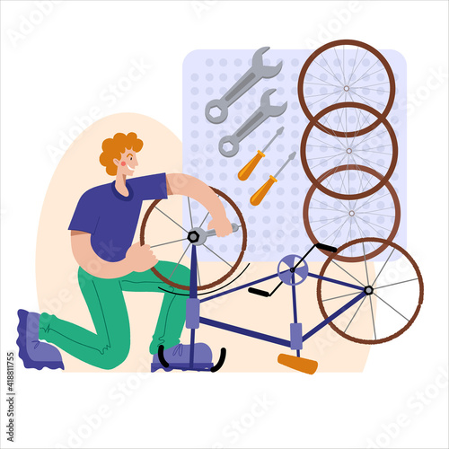 Bicycle repair. A man repairs a bicycle. The mechanic repairs the bicycle, the mechanic inflates the wheels. Web graphics, banners, advertisements, business templates.