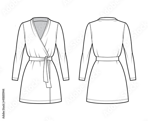 Wrap dress technical fashion illustration with deep V-neck, long sleeves, oversized, mini length, pencil cut, tie. Flat apparel template front, back, white color style. Women, men unisex CAD mockup