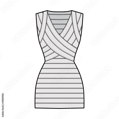 Bandage dress technical fashion illustration with V-neck, sleeveless, fitted body, elasticated, mini length, pencil cut. Flat apparel template front, grey color style. Women, men unisex CAD mockup