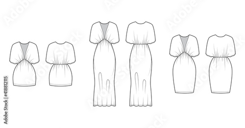 Set of Kaftan dresses technical fashion illustration with deep V-neck, batwing sleeves, oversized, knee mini midi length, pencil cut. Flat apparel front, back white, color style. Women, men CAD mockup