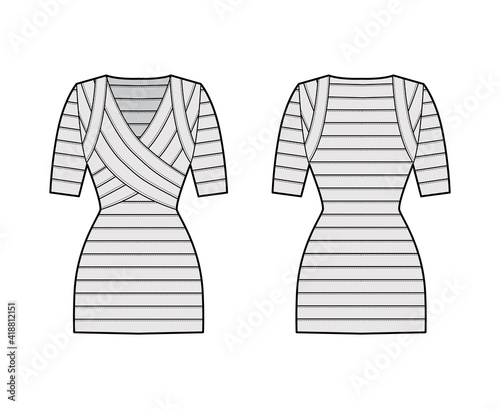 Bandage dress technical fashion illustration with V-neck, short sleeves, fitted body, elasticated, mini length, pencil cut. Flat apparel template front, back grey color. Women, men unisex CAD mockup