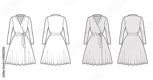 Wrap dress technical fashion illustration with deep V-neck, long sleeves, knee length, circular cut, tie. Flat apparel template front, back, white, grey color style. Women, men unisex CAD mockup