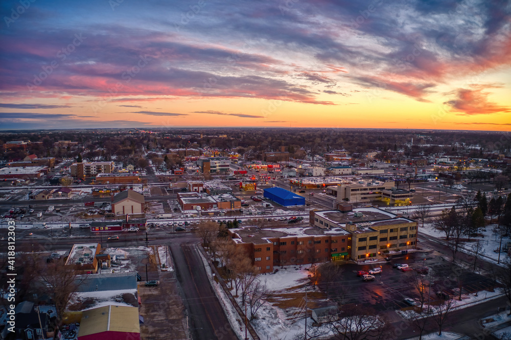 Aerial View of Downtown Moorhead, Minnesota at Dusk