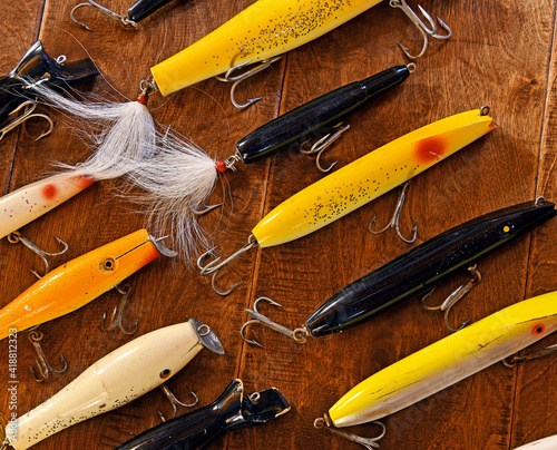Wooden vintage colorful fishing lures