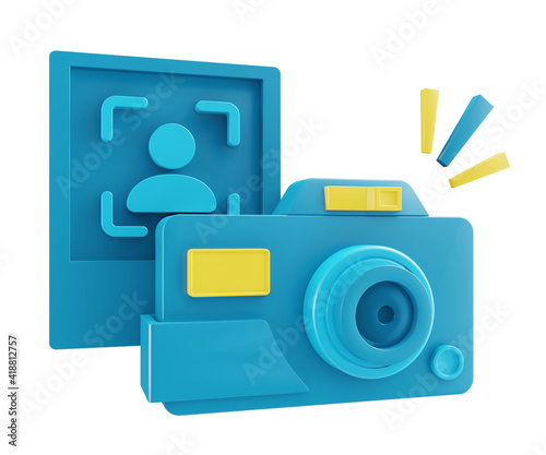 3d illustration of camera with photo profile unrealistic scene with blue color