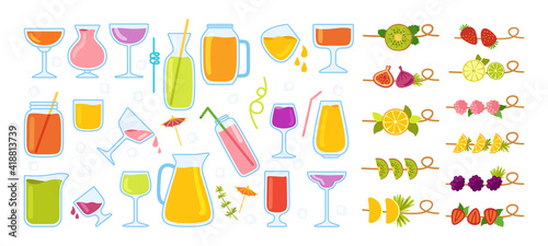 Hawaii cocktails, summer jug, jar and glass cartoon set. Strawberry Lemonade and Tea, Watermelon and Orange fresh Smoothie menu. Tropical drinks hand drawn flat design menu. Trendy vector illustration