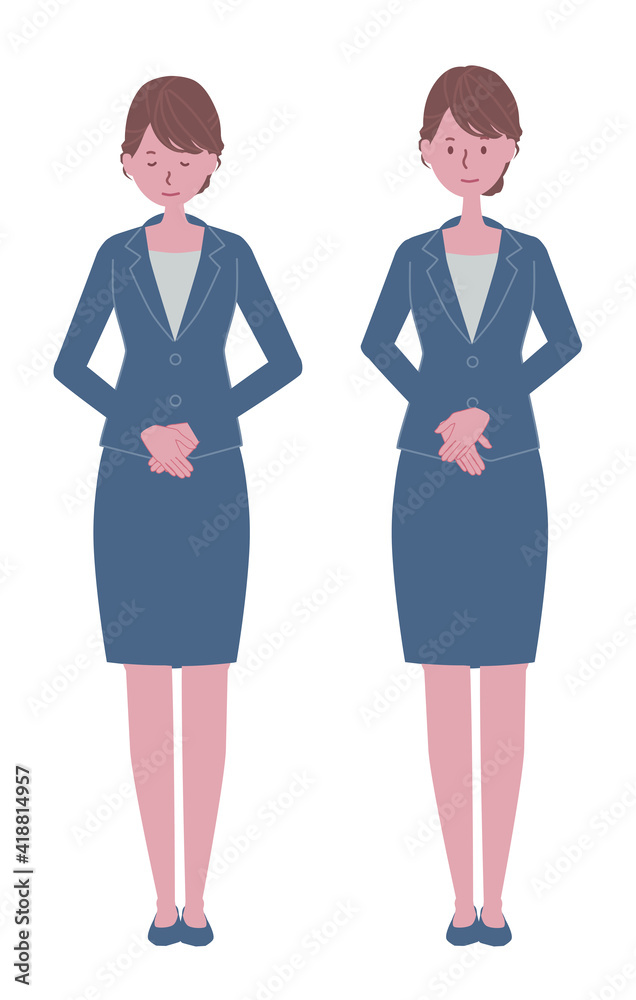 かしこまる、会釈をする　青いスーツの女性イラストセット