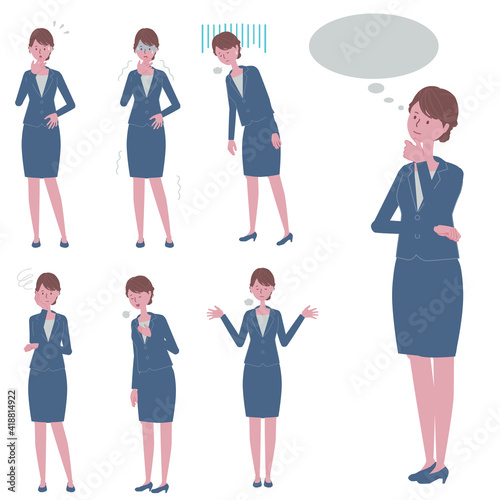 考え事をする・ネガティブな反応をする　青いスーツを着た女性のイラストセット