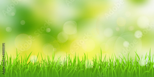 Vector spring illustration, grass and blurry background. Bokeh effect, sunny morning.