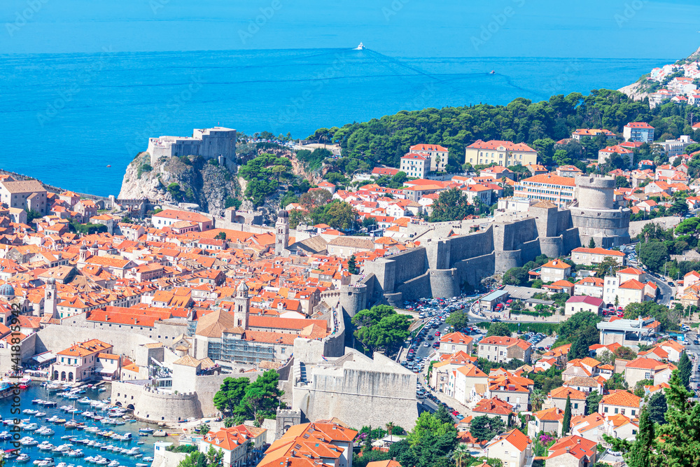 Dubrovnik famous touristic town in Croatia . Aerial view of Old Town 