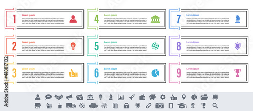 Infographic design business concept vector illustration with 9 steps or options or processes represent work flow or diagram or web button banner