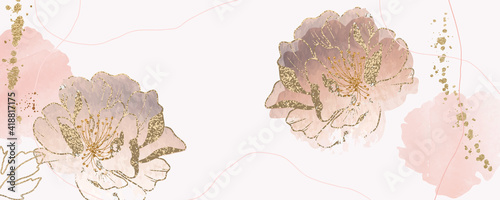 minimal background in pink peony flowers and tropical summer golden leaf