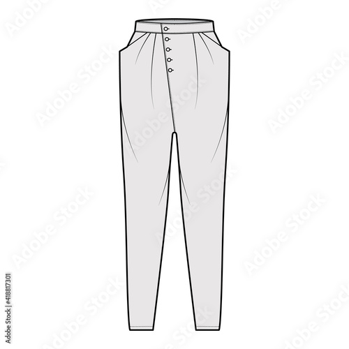 Tapered Baggy pants technical fashion illustration with low waist, rise, slash pockets, draping front, full lengths. Flat bottom apparel template, grey color style. Women, men, unisex CAD mockup