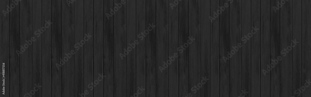 Panorama of Old black vintage wooden wall pattern and seamless background - obrazy, fototapety, plakaty 